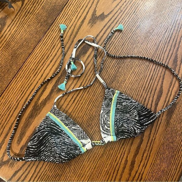 VICTORIAS SECRET Boho Triangle Bikini Top Size L Black/White/Green/Turquoise - Picture 2 of 8
